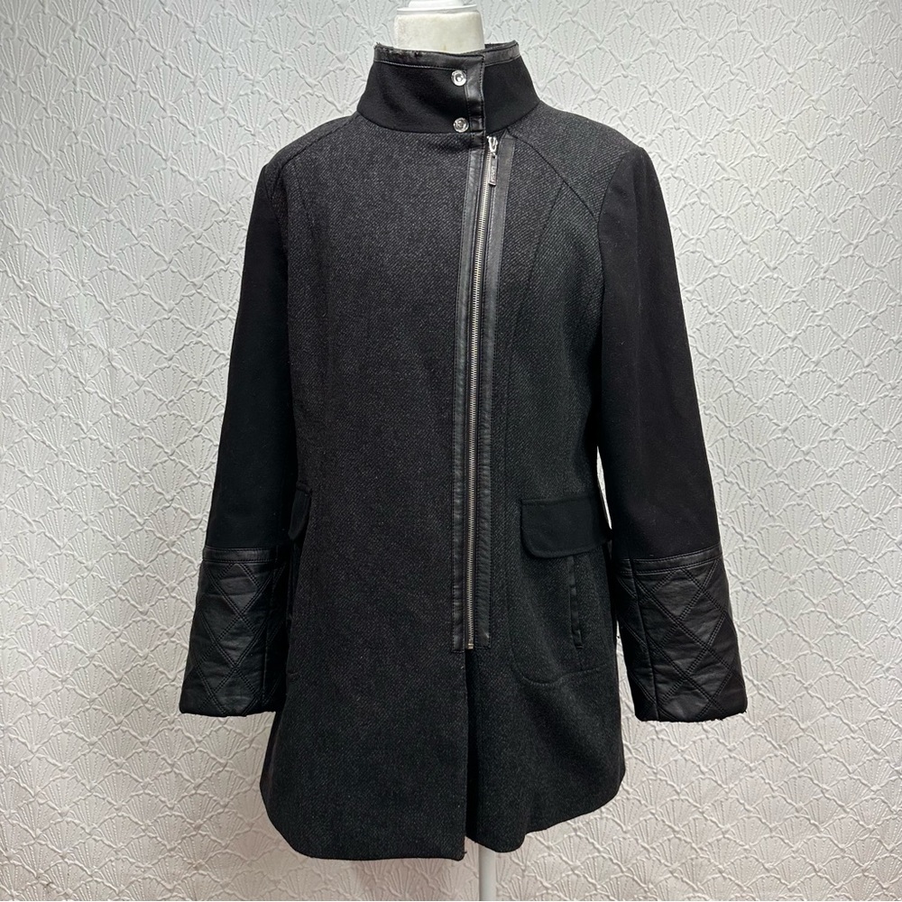 Kensie Wool Blend Faux Leather Long Peacoat Jacket Womens Size large